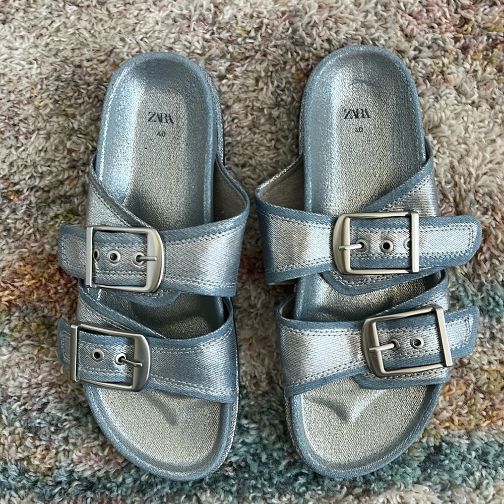 Zara, Blue metallic denim sandals, size 40, worn 1x, goes with everything!